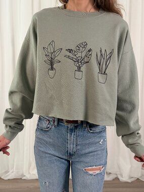 Sage Green Plant Graphic Cropped Sweatshirt Size Medium